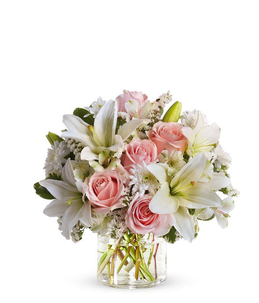 Pink roses, white lilies and white mums