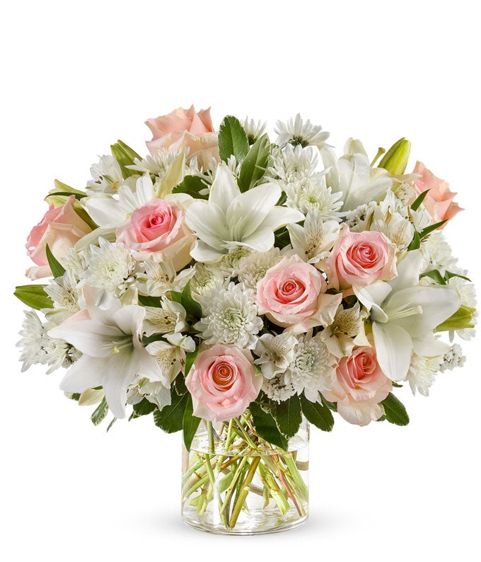 Pink roses, white lilies and white mums