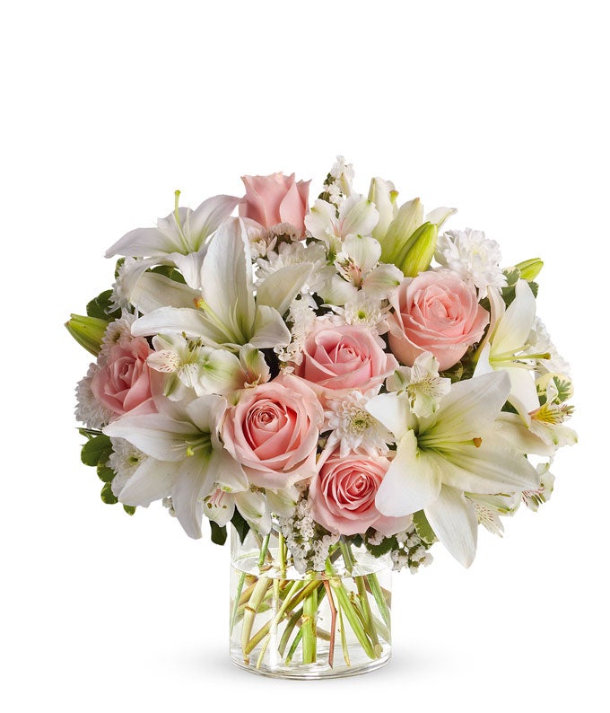 Pink roses, white lilies and white mums