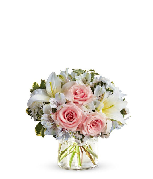 Pink roses, white lilies and white mums
