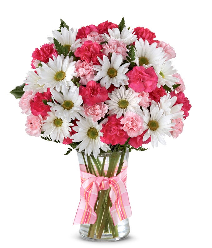 A delightful arrangement featuring hot pink spray roses, white traditional daisies, and pink mini carnations, beautifully arranged in a clear vase with a pink bow. This vibrant mix offers a cheerful and elegant display.